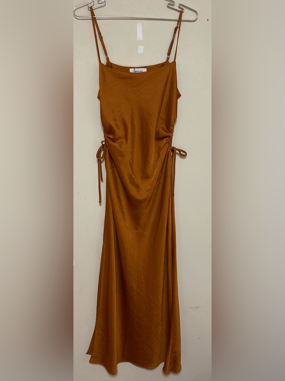 Satin Ruched Midi Slip Dress Brown Side Tie Spaghetti Strap Chic￼